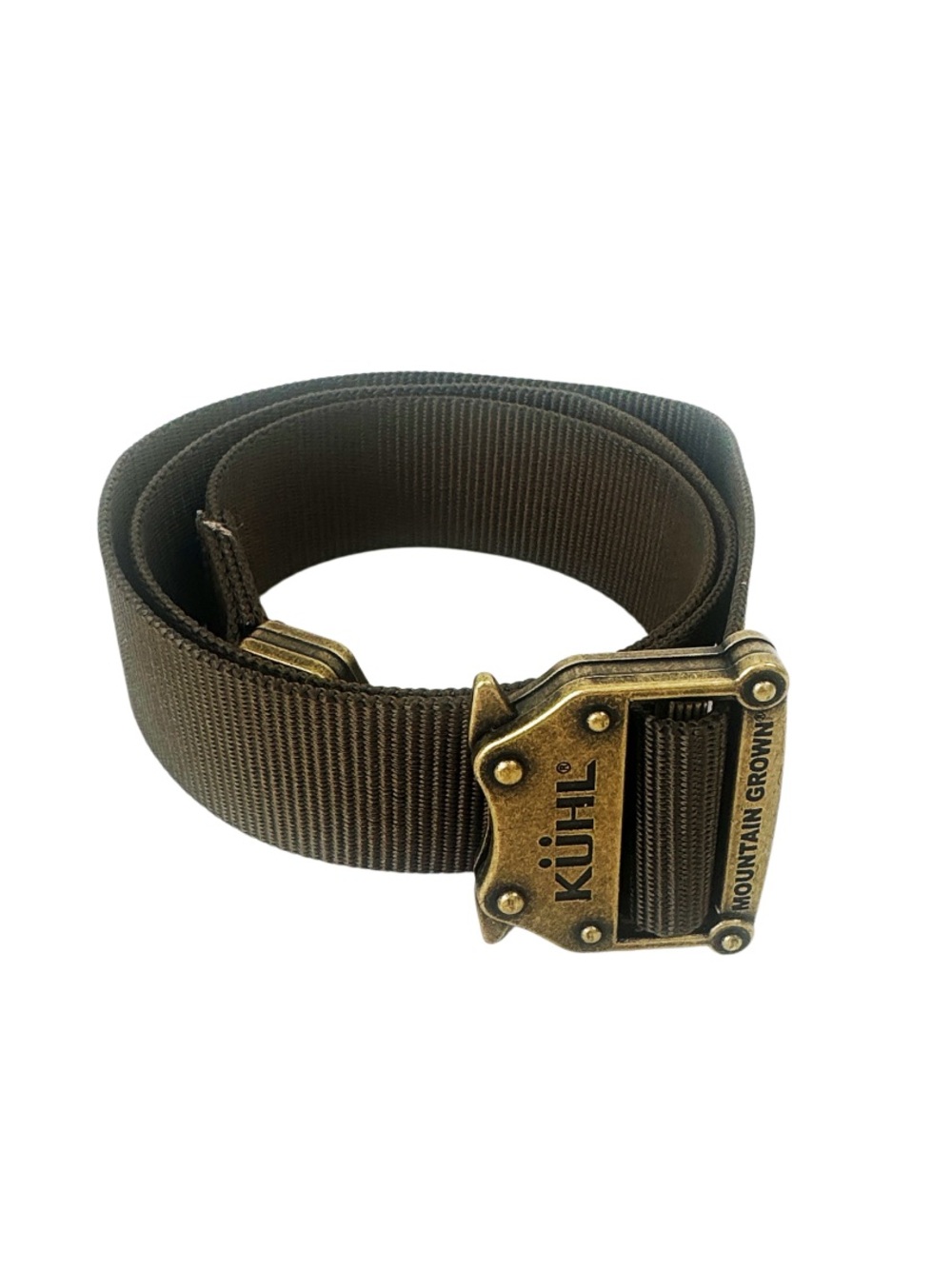 KUHL Brown Canvas Raid Belt, quick-release buckle with a vintage patina finish.